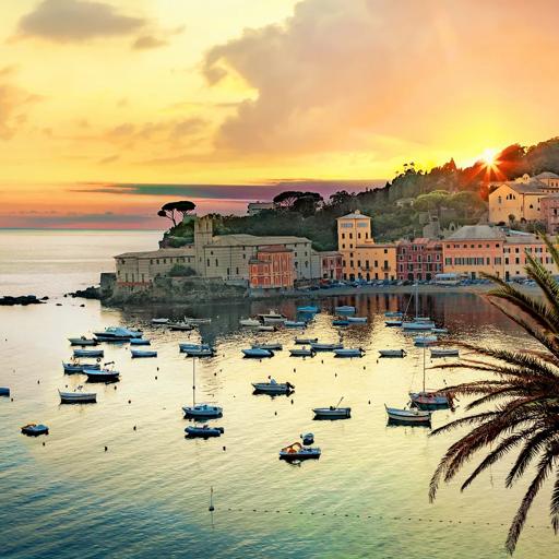Sprachaufenthalt Italien, Sestri Levante, Sonnenuntergang Bucht mit Booten